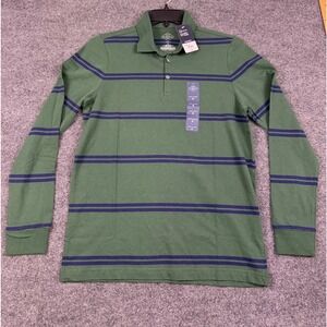 St Johns Bay Mens Long Sleeve Polo Shirt Green Navy Blue Striped Classic Fit S